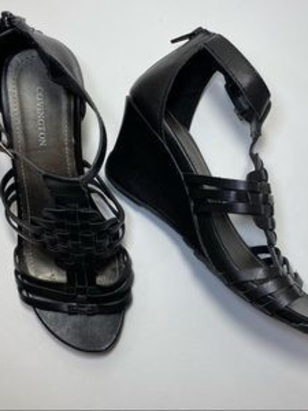 Covington Black Woven Ankle-Strap Wedge Sandals